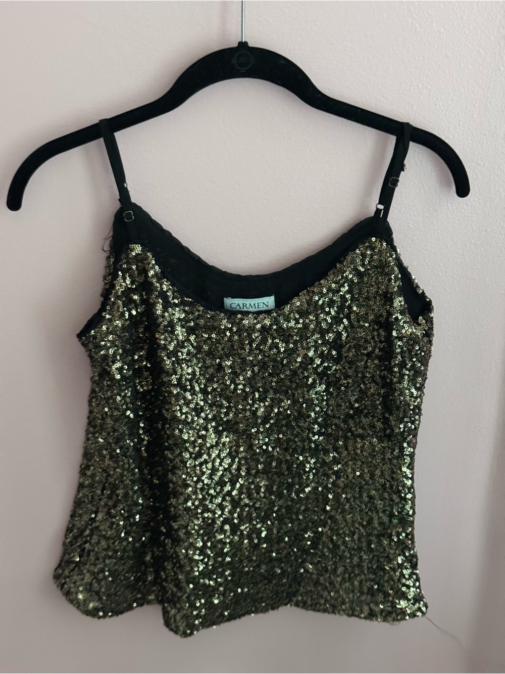 Carmen Marc Valvo Gold Sequin Spaghetti Strap Camisole